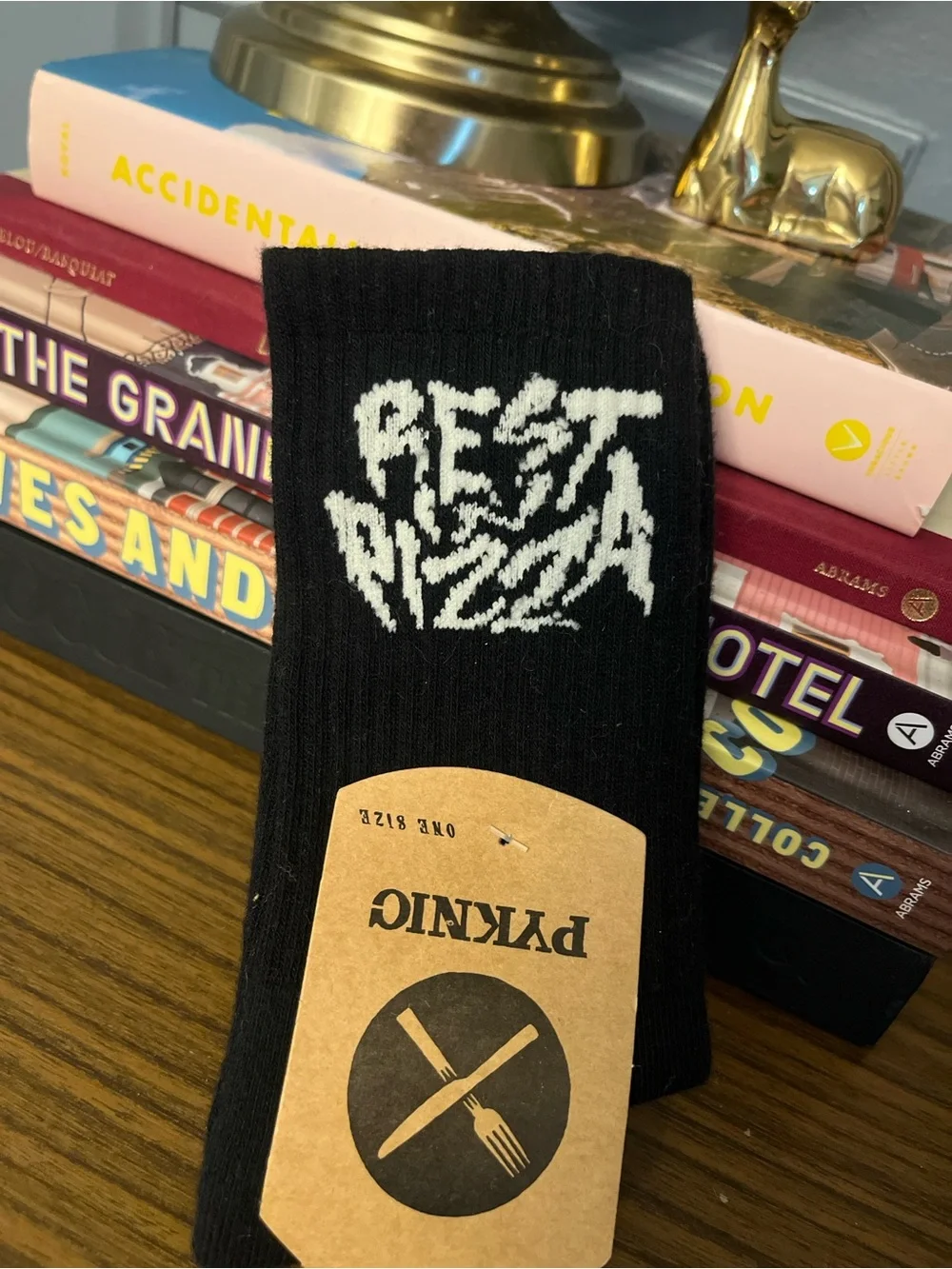 Black Crew Socks with White Graphic “Rest In Pizza”